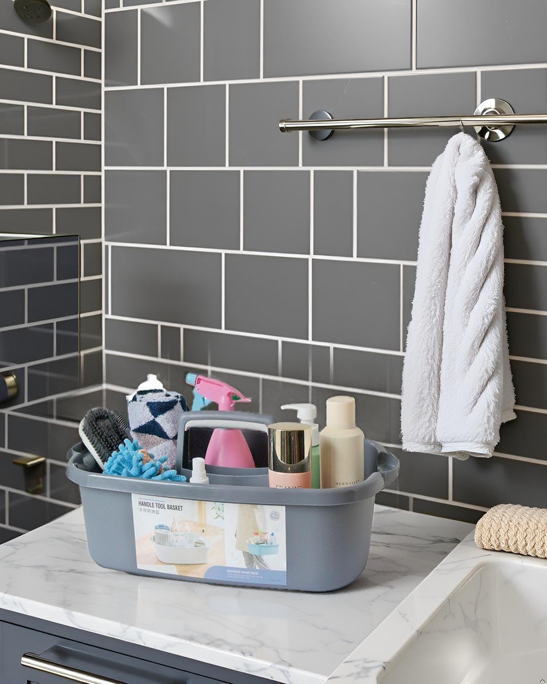 Large Plastic Cleaning Supply Caddy with Handle, Portable Cleaning Tool Storage Tote for Dorm, Bath, Pantry (Dark Grey)