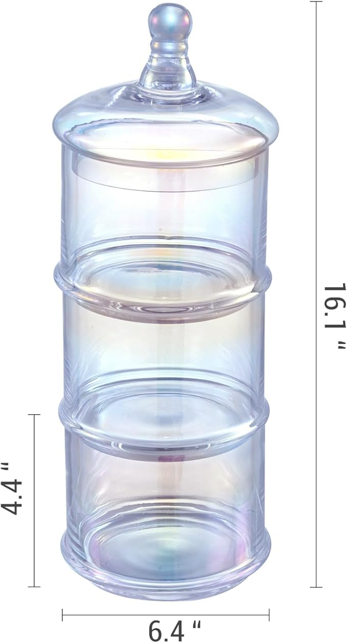 MyGift 16-Inch Modern 3-Tier Iridescent Rainbow Glass Apothecary Jars with Lids – Transparent Stacking Candy, Cookie, and Bathroom Storage Containers