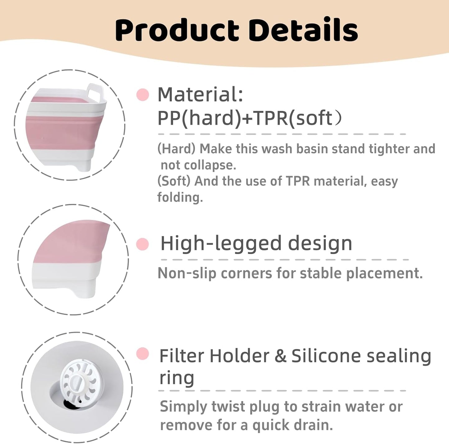 Collapsible Wash Basin for Baby Bottles - 2.4 Gallons Portable Wash Bin for RV Camping Sink, Space-Saving Dish Tub (Pink)