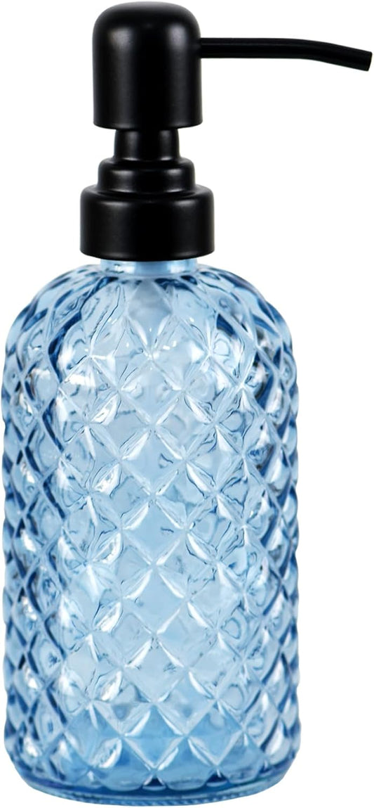 12Oz Glass Soap Dispenser with 304 Black Rustproof Stainless-Steel Pump, Refillable Glass Soap Dispenser for Kitchen, Bathroom, Farmhouse (Blue)