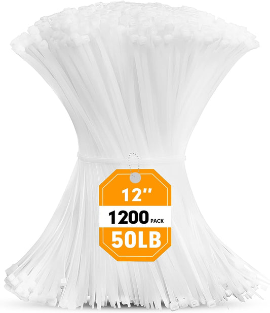 Zip Ties, RAZCC 1200pcs Cable Zip Ties 12 Inch, Heavy Duty White Plastic Wire Ties with 50lb Tensile Strength, Self-Locking Nylon Cable Ties, Wire Management for Indoor and Outdoor