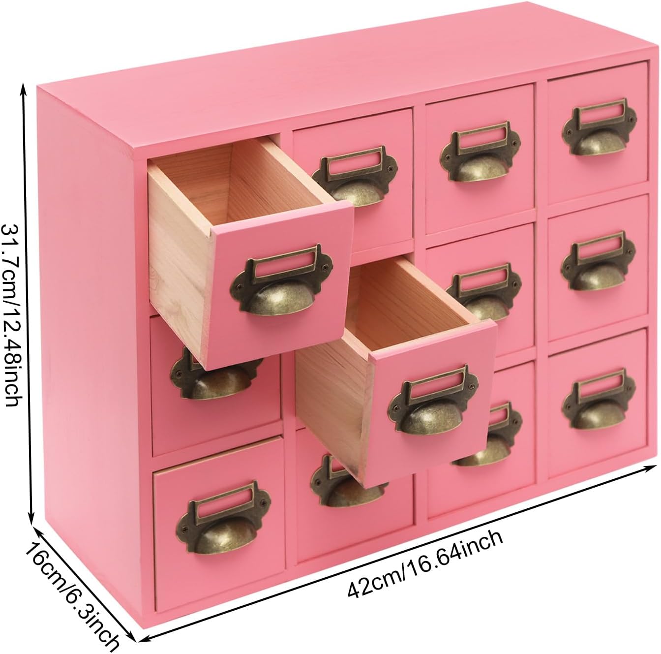 3-Tier Storage Cabinet, 12-Drawer Wooden Organizer with Metal Handles, Wooden Medicine Cabinet, Vintage Brown Solid Wood & Alloy Desktop Storage Shelf for Households, Offices (Pink)