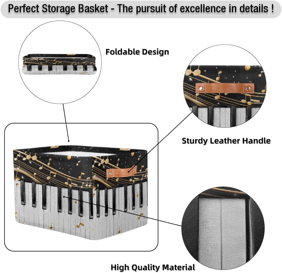 Music Notes Storage Basket for Shelves, Storage Bins with Handles, Collapsible Basket for Organizing, Closet Toy Baskets for Nursery Room, 15x11x9.5 in, Canvas, Musical Piano
