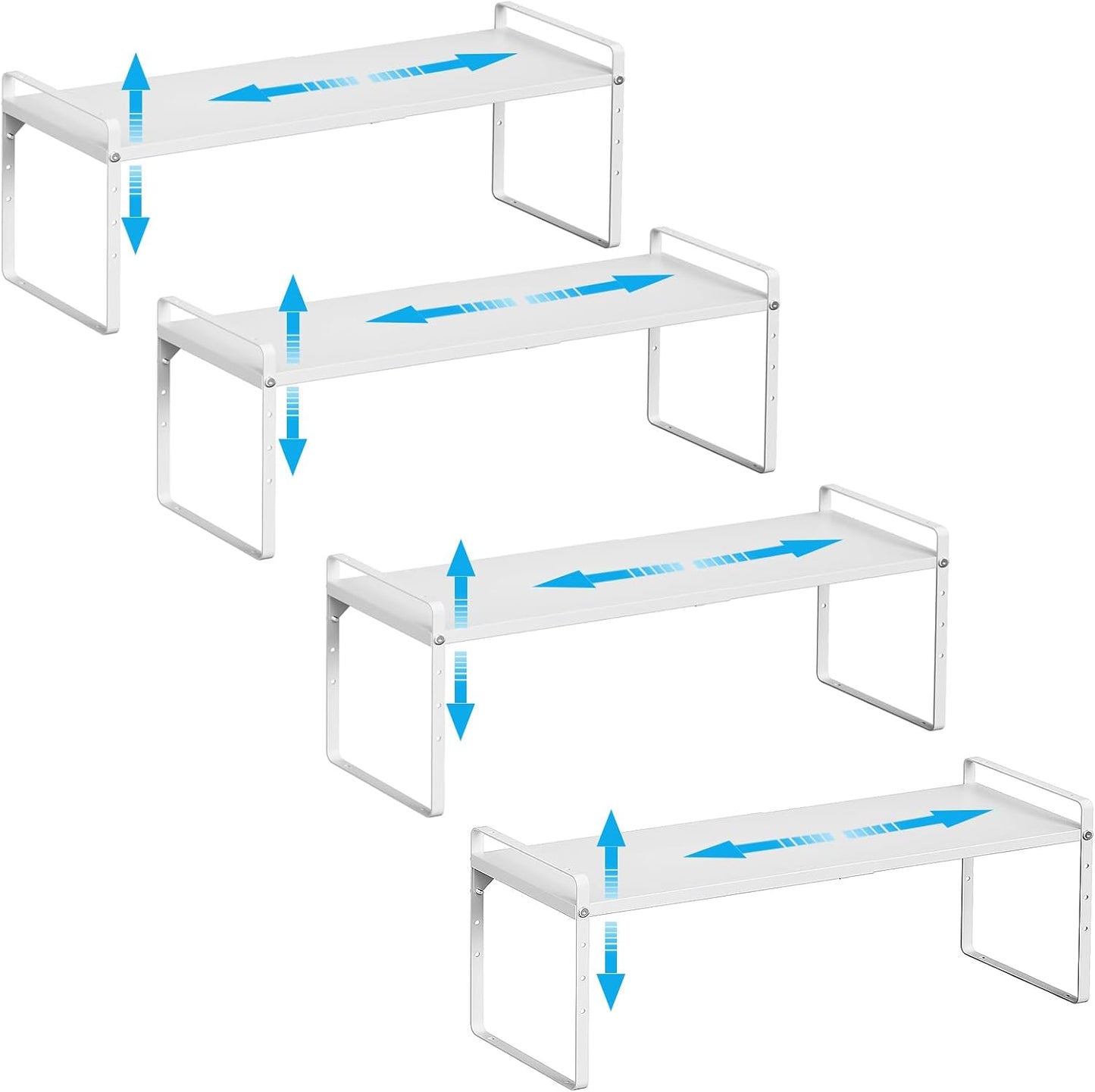15.5 to 25.5 Inch Kitchen Cabinet Shelf Organizers, Adjustable Kitchen Counter Shelf Organizer, Set of 4 Expandable Countertop Storage Shelves, Stackable Design, 30LBS Heavy Duty, Space Saver