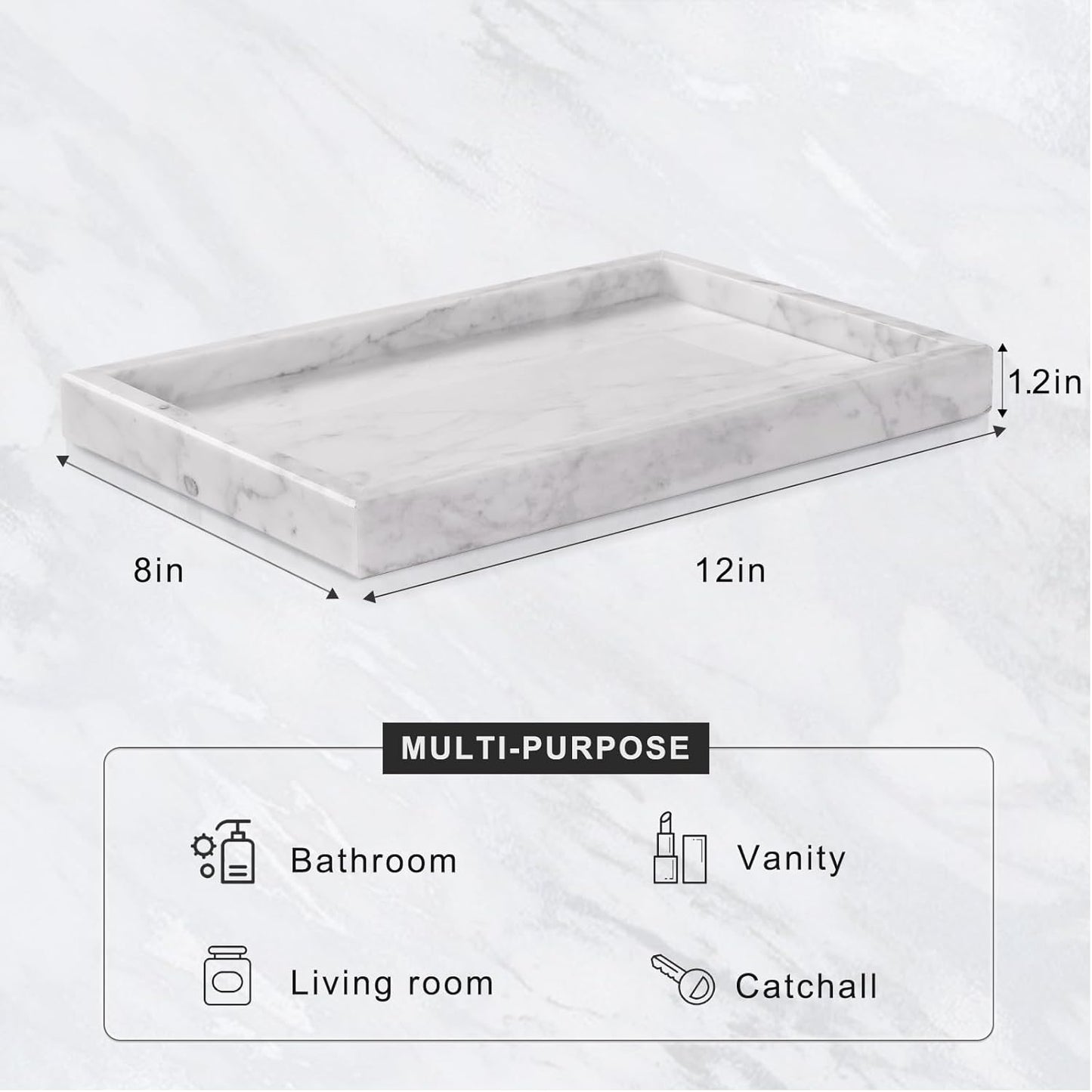Marble Bathroom Tray for Countertop & Home Decor, Natural Decorative Marble Tray for Jewelry & Perfume Organizer, Luxury Stone Vanity Trays for Dresser, Kitchen Counter, 12" x 8", White
