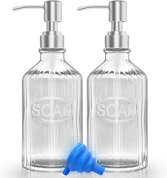 Elegant Glass Soap Dispenser with Rust-Proof Stainless Steel Pump - Refillable for Kitchen & Bathroom(Two Pack)