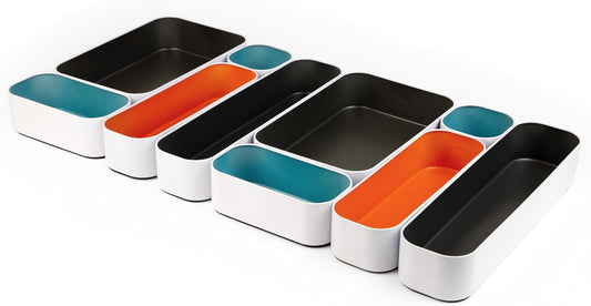 Three by Three Seattle 10 Piece Metal Organizer Tray Set for Storing Makeup, Stationery, Utensils, and More in Office Desk, Kitchen and Bathroom Drawers (2 Inch, Multicolor)