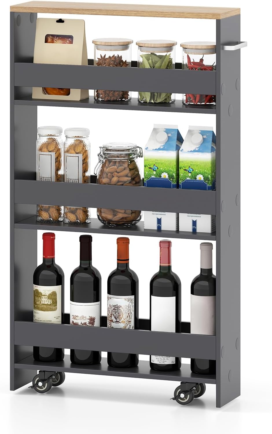 Small Kitchen Cart, 4-Tier Slim Rolling Island w/Handle, Laundry Room Storage Organizers Between Washer and Dryer, Narrow Spice Rack on Wheels Next to Fridge (Gray, 5'')