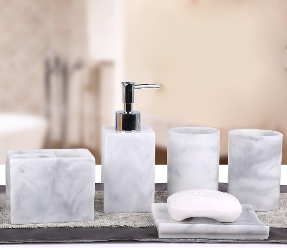 Resin 5pcs Bathroom Accessory Set - Tumbler, Soap Dish, Liquid Soap Dispenser, Toothbrush Holder,Grey