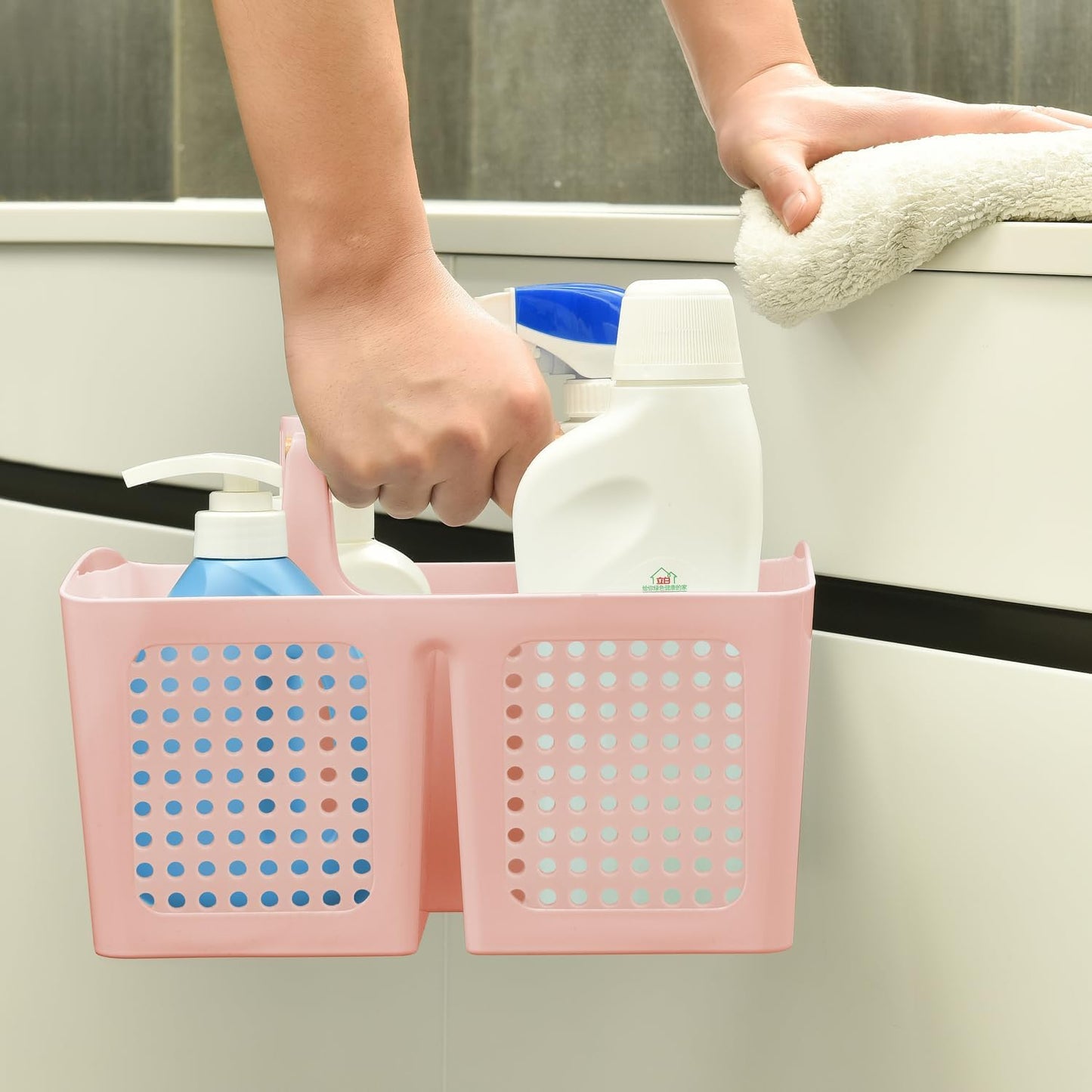 Portable Shower Caddy Basket with Compartments, Plastic Divided Cleaning Caddy Organizer Storage Tote with Handle for Bathroom, College, Dorm Room Essentials, Pink