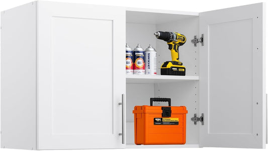 Prepac Elite 24" H Wall Cabinet with Panel Doors, White Storage Cabinet, Bathroom Cabinet, Pantry with 1 Adjustable Shelf 16.75" D x 32" W x 24" H, WSUR-1002-1