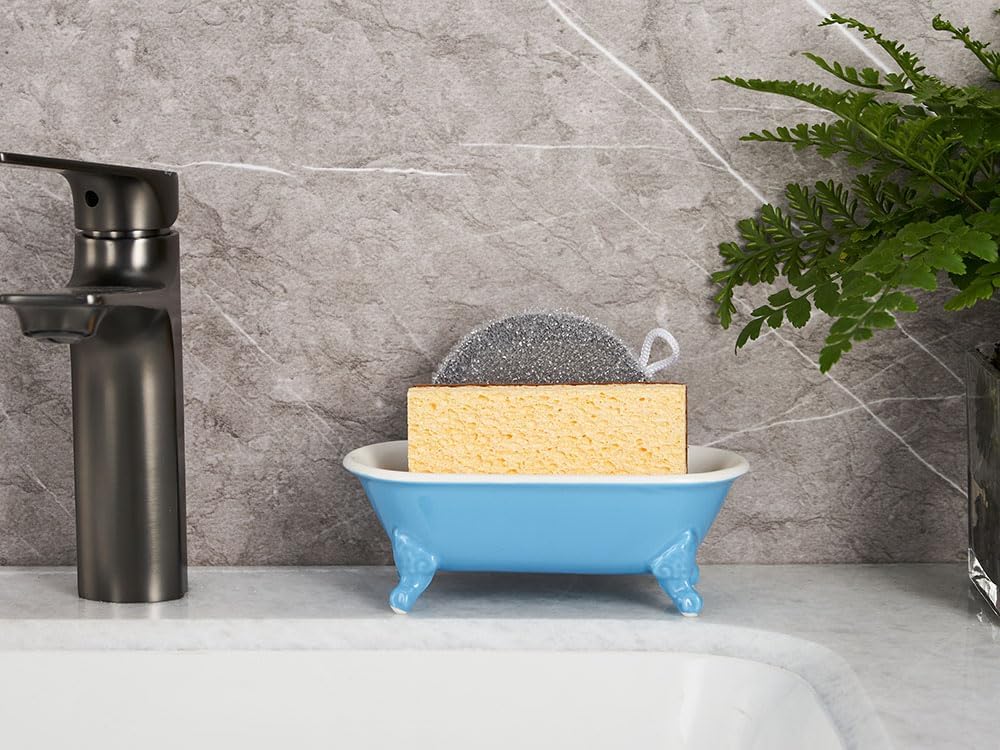 6.5" Ceramic Mini Decorative Clawfoot Bathtub Bar Soap Dish, Kitchen Sponge Holder and Shower Tray for Bathroom, 1 Pack(Pacific Blue)