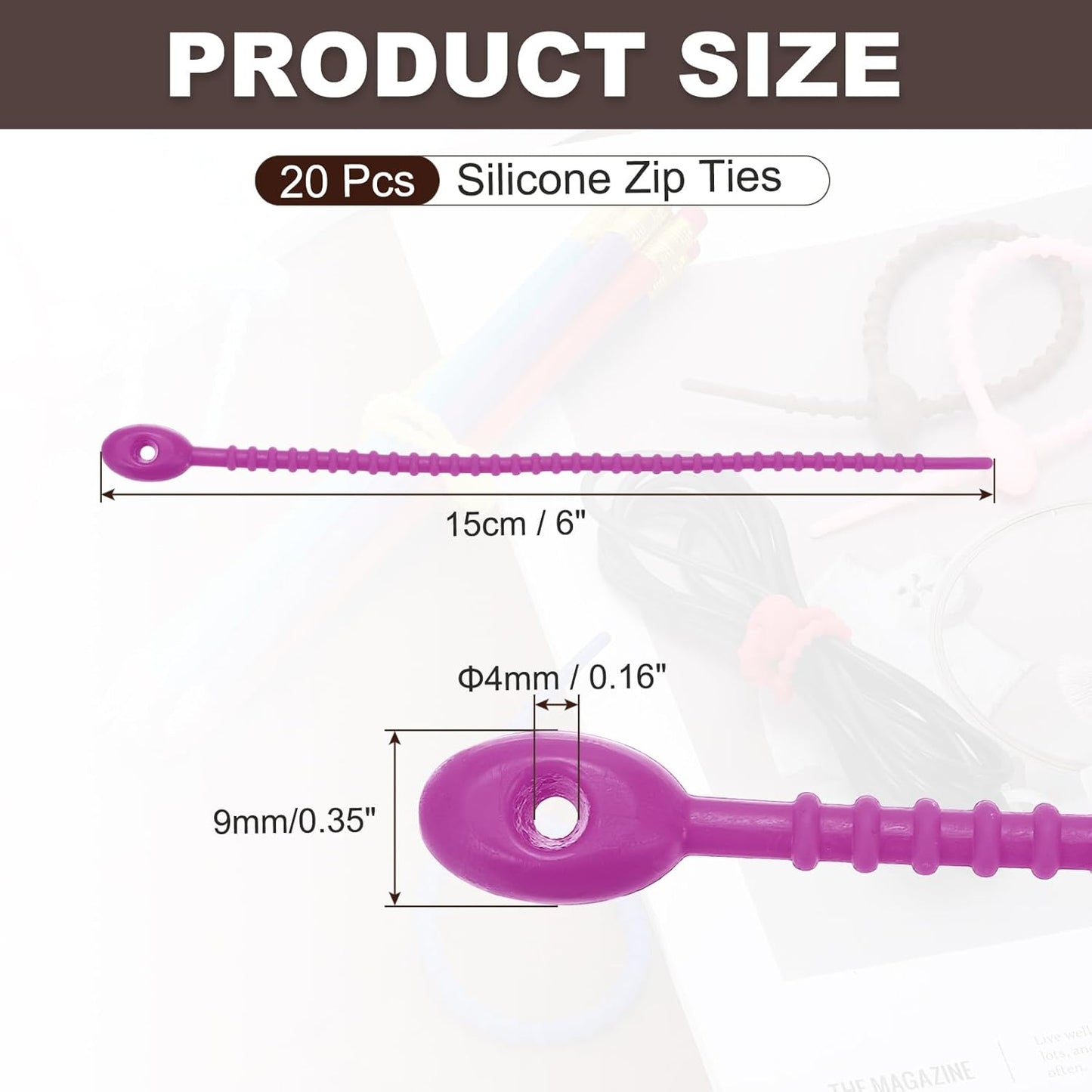 PATIKIL 6 Inch Silicone Cable Ties, 20pcs Rubber Reusable Twist Zip Ties Organizer for Home Office Kitchen Food bags Wires Adjustable Bag Clip, Violet