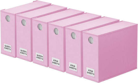 SpaceAid 6 Pack Bed Sheet Organizers and Storage, Foldable Sheet Organizer with Window for Linen Closet, Set Folder Keeper for Queen & King Size Bedding Storage (Pink)