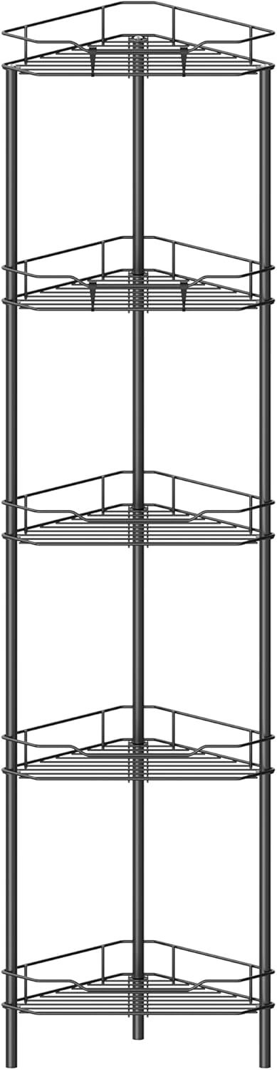 5 Tier Floor Standing Corner Shower Caddy Organizer Shelf with Hooks, Bathroom Shelves Stand Rack, Black