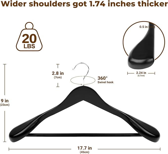 Coat Hanger 8-Pack, MEQUTION Wood Hangers Trouser Hangers Extra Wide Shoulder Wooden Hangers for Heavy Coat, Sweater, Skirt, Suit, Pants, Retro Finish (Black)