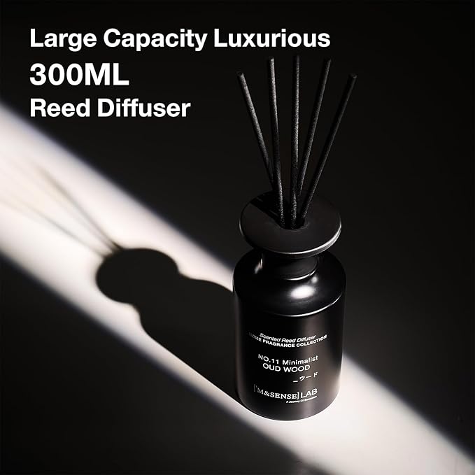 M&SENSE Minimalist Large Reed Diffuser 300ml, Oud Wood Scented with Natural Essential Oils, Long Lasting with 7 Sticks, Non-Toxic Home Fragrance for Bedroom, Bathroom Decor