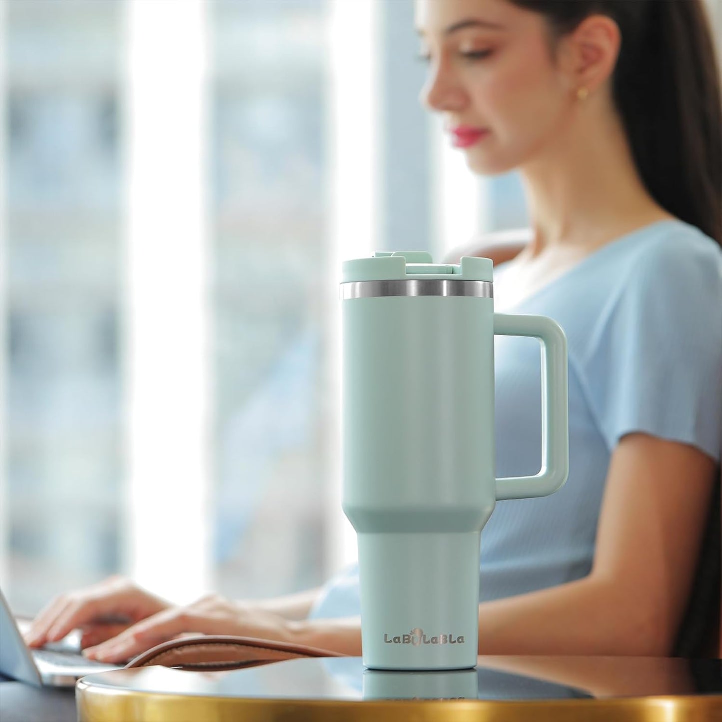 40oz Tumbler with Handle,Double Wall Vacuum Reusable Stainless Steel Insulated Water Bottle,With Leak Proof lid and Straw for Iced or Cold Beverages (Blue Haze)