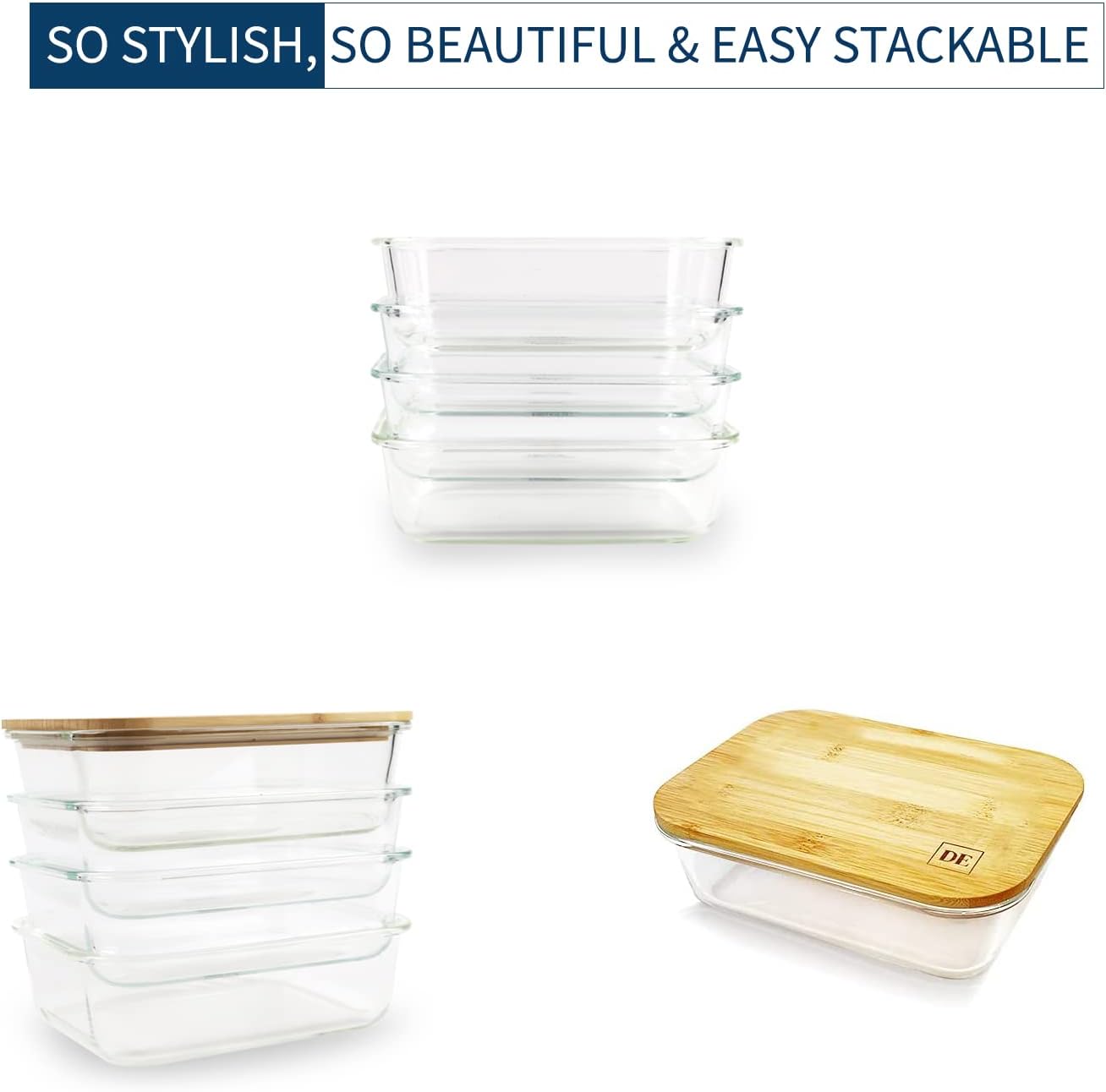 Glass Food Storage Containers with Bamboo Lids (4-Pack, 36oz) Airtight, Leakproof, BPA-Free Borosilicate Glass Meal Prep Containers – Eco-Friendly, Oven/Microwave/Freezer Safe-Plastic-Free & Reusable