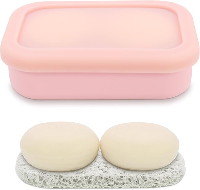 OLAMAR Solid Shampoo Bar Holder,Silicone Travel Soap Case,Enhanced Leak Proof Soap Container with Drainage Layer Soap Holder, Suitable for Bathroom,Camping and Gym (Pink, Large)
