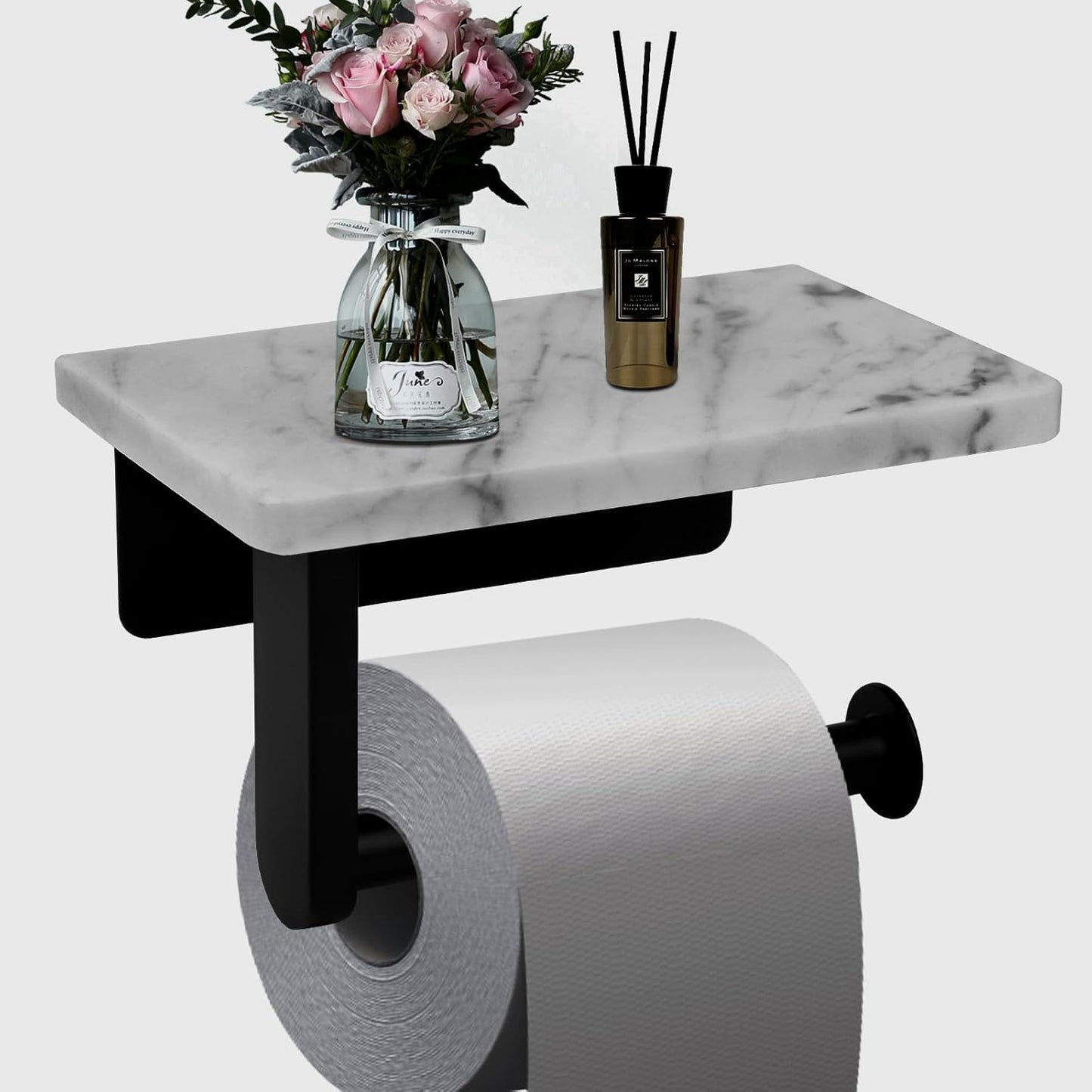 Toilet Paper Holder with Natural Marble Shelf for Bathroom Washroom,Wall Mounted Tissue Holder Suitable for Mega Roll (Small 6.7 * 4.3 in Matte Black)