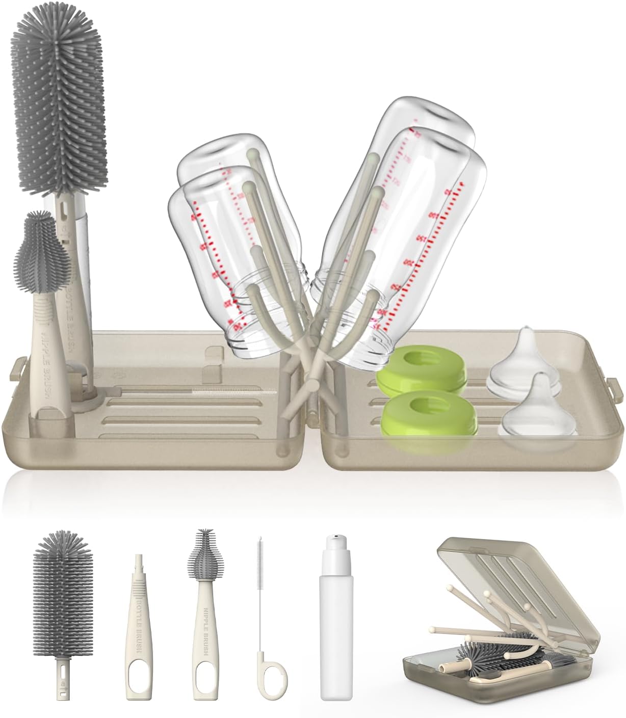 YOTIME Travel Bottle Brush Set, Auto-Open Rack & Vertical Brushs Drying Slots, 3 Brushes, Foldable Drying Rack, Dispenser, Travel Baby Essentials for On-The-Go Parents, Coffee
