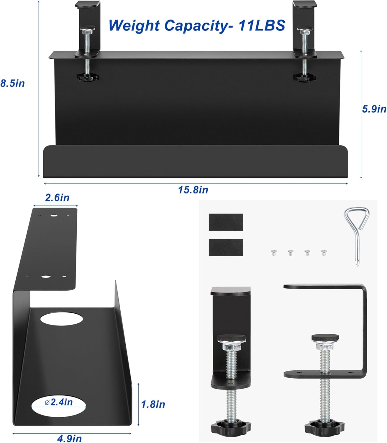 ZhiYo Steel 15.8in Cable Management Under Desk Tray, XL Clamp-On Under Table Cable Tray, No Drill Cord Hider Organizer for Desk, Wire Management Raceway, Black, W4.9in x H5.9in