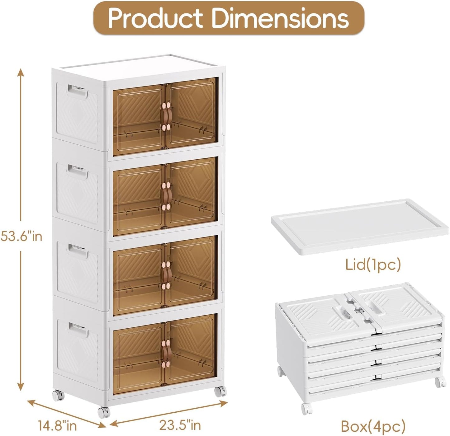 JEKO&JEKO 323Qt Stackable Storage Bins with Lids and Wheels, Foldable Collapsible Plastic Boxes for Clothes, Home, White, 4 Pack