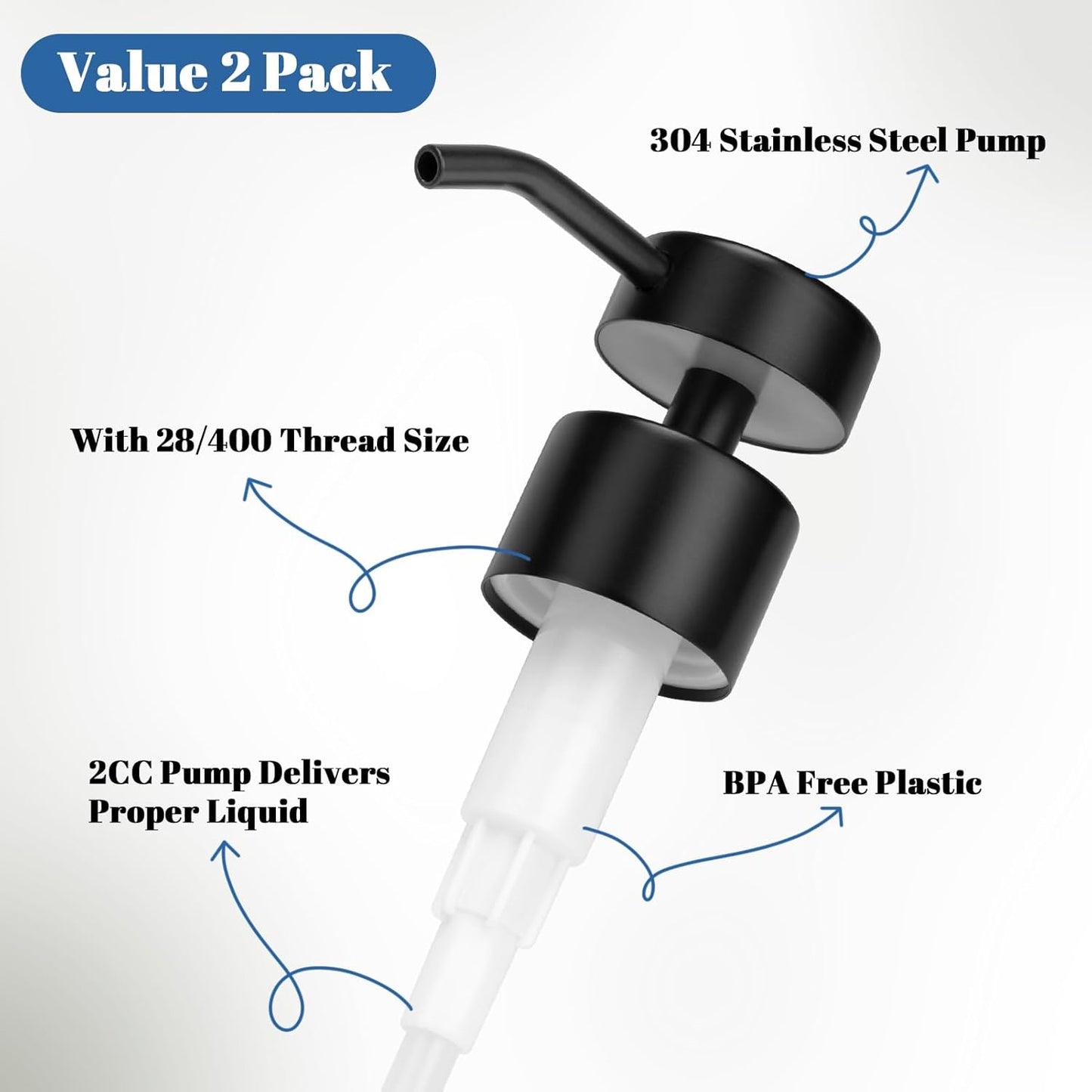 Soap Dispenser Pump Replacement 304 Stainless Steel for Regular Mouth Bottle for Standard 28/400 Thread Size Kitchen Bathroom Lotion Refill Flat Top Dispenser Pumps 2 Pack(Black)