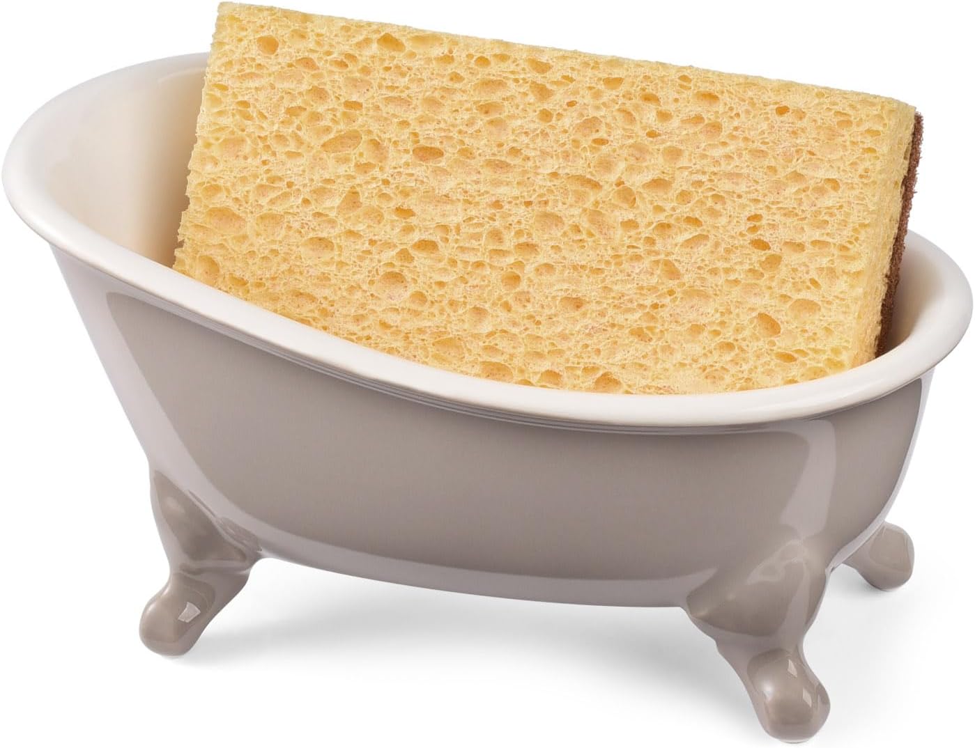 6.1" Vintage Ceramic Mini Decorative Clawfoot Bathtub Bar Soap Dish, Kitchen Sponge Holder and Shower Tray for Bathroom, 1 Pack (Taupe)