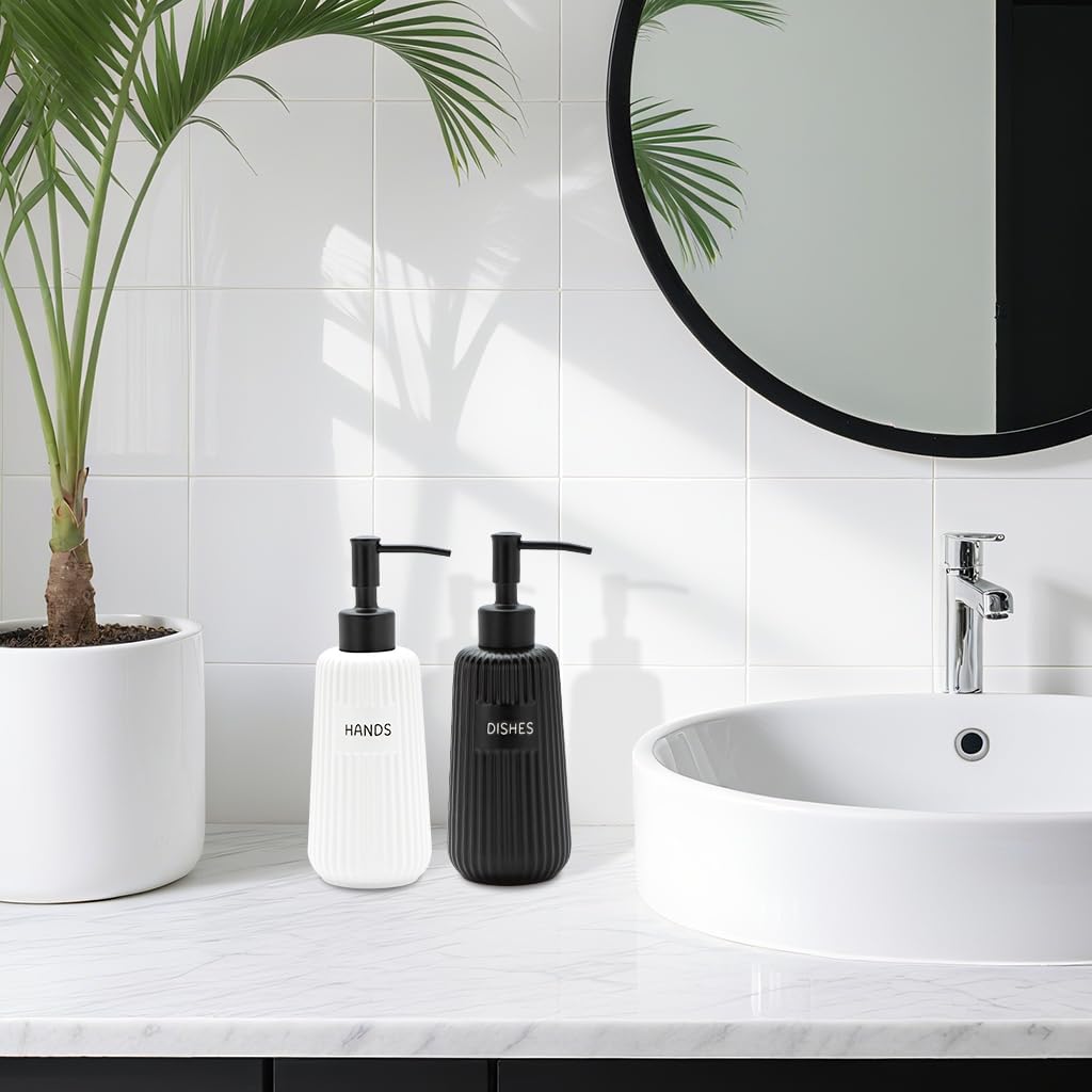 Kitchen Soap Dispenser Set with Stainless Steel Pump and Funnel, Modern Ceramic Refillable Hand and Dish Soap Dispenser Set for Kitchen, Bathroom, Office, Hotel, Matte Black and White