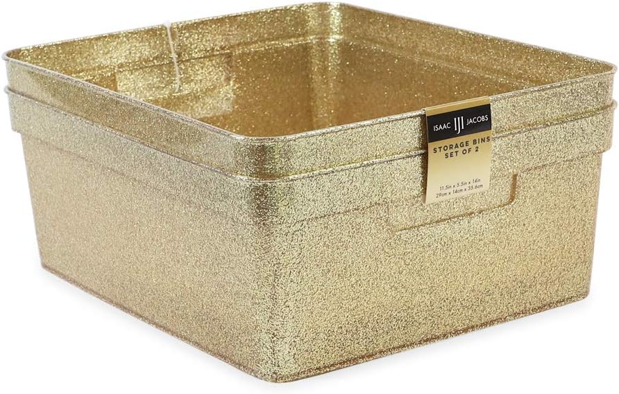 Isaac Jacobs Medium Glitter Storage Bin (14” x 11.5” x 5.5”) Set w/Cut-Out Handles, Plastic Organizer, Multi-Functional, Home Storage Solution, Kids Playroom, Bedroom, Closet (2, Gold)