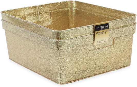 Isaac Jacobs Medium Glitter Storage Bin (14” x 11.5” x 5.5”) Set w/Cut-Out Handles, Plastic Organizer, Multi-Functional, Home Storage Solution, Kids Playroom, Bedroom, Closet (2, Gold)