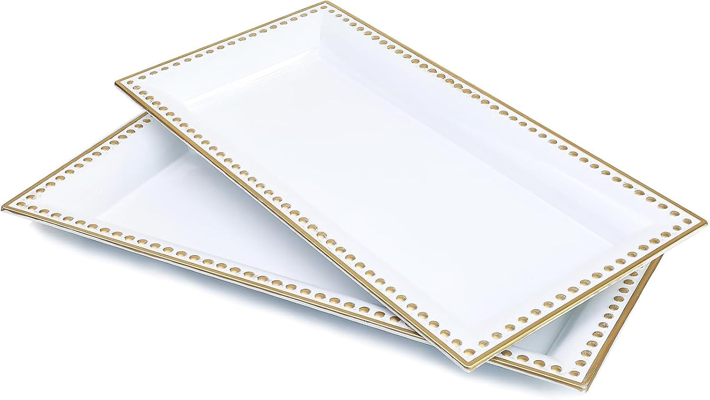 2 Pack White Bathroom Vanity Tray for Countertop with Beads, Small Plastic Toilet Tank Tray Versatile Storage Organization Tray for Makeup, Perfume, Desk, Kitchen, Candles, 14"x7"x1", 36W