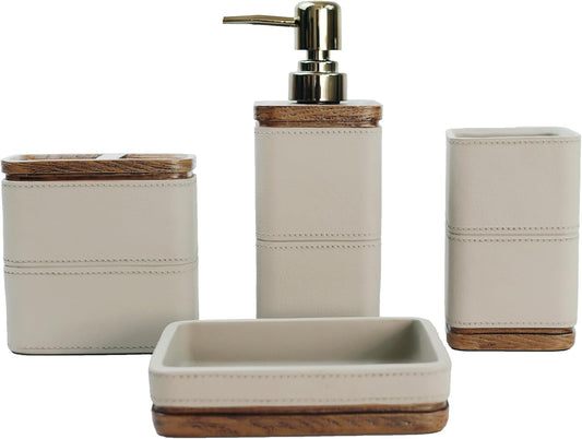 Hymmah Leather Pattern Design Bathroom Accessories Set,Farmhouse Bathroom Decor,4 Pcs Resin Gift Set Apartment Necessities, Contain Cotton Swab Jar,Soap Dispenser,Tumbler，Soap Dish/Tray
