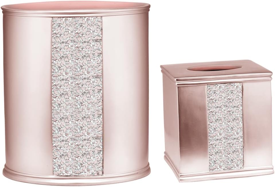Zahari Home 2pc Sinatra Modern Bath Accessories Set Waste Basket & Tissue Box Modern Decorative Beautiful Designs Bathroom Decor Set for Home Blush Bathroom Set Mosaic Glass