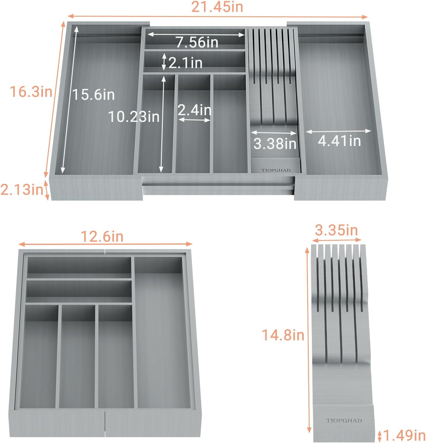 Bamboo-Silverware-Drawer-Organizer-Kitchen, Expandable Utensil Holder Cutlery Tray Flatware Organization Adjustable Wood Tableware Dividers Storage (with Removable Knife Block)(Grey)