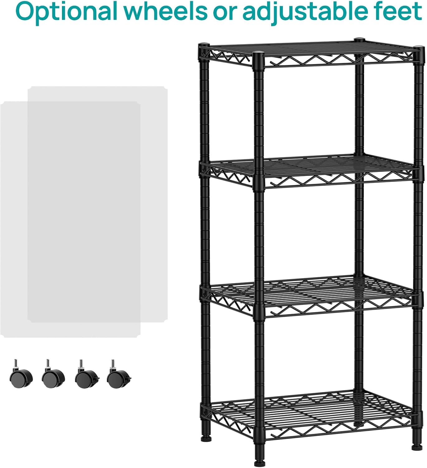 SINGAYE 4 Small Shelves Storage Shelf Wire Shelving Unit Metal Shelf Adjustable Organizers Storage Shelving with Wheels for Bathroom Laundry Room Kitchen Pantry11.5”D x 17.3”W x 44.5”H Black