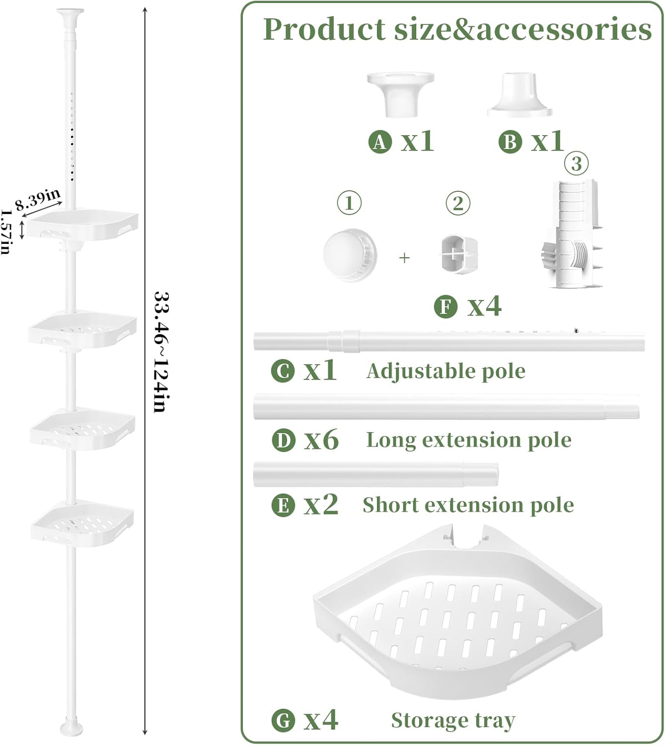 Tension Pole Shower Caddy Organizer with 4 Tier L-Shaped Rust Resistant Bathroom Corner Shelves with 34-124 Inch Adjustable No Drilling Quick Install Shower Rack for Bath Essentials (White)