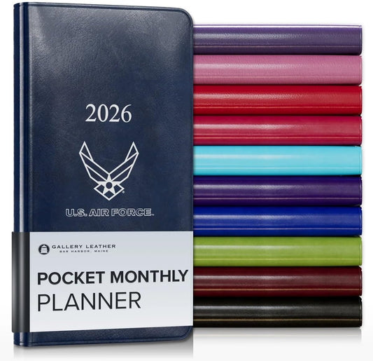Gallery Leather Pocket Monthly Planner 2025-2026, Elegantly Bound Calendar Planner and Notebook with Stylish Gold-Gilded Page Edges, 18 Months - Acadia Navy - US Air Force - 6x3.25"