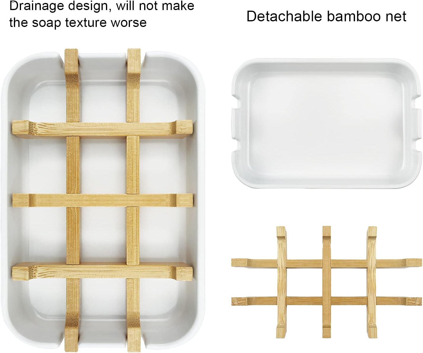 2 Pack Bamboo Soap Dish, Self-Draining Soap Box, Wooden Bamboo Bar Soap Holder for Shower, Bathroom, Kitchen, Bathtub, Bar Sink (White)