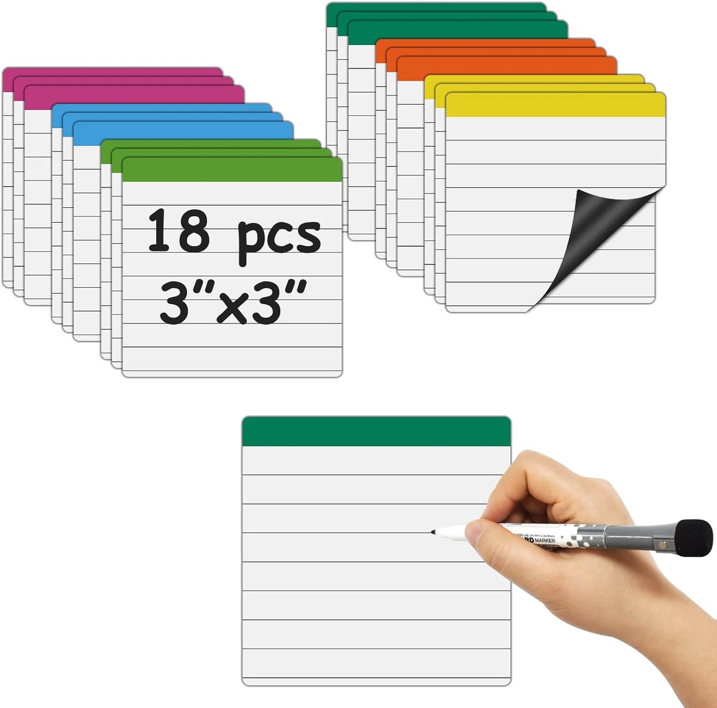Ruled Lined Small Sticky Notes 3x3,Dry Erase Magnetic Sheets,18 Pieces,Work for Fine Tip Markers,Easy to Post On Fridge or Whiteboard
