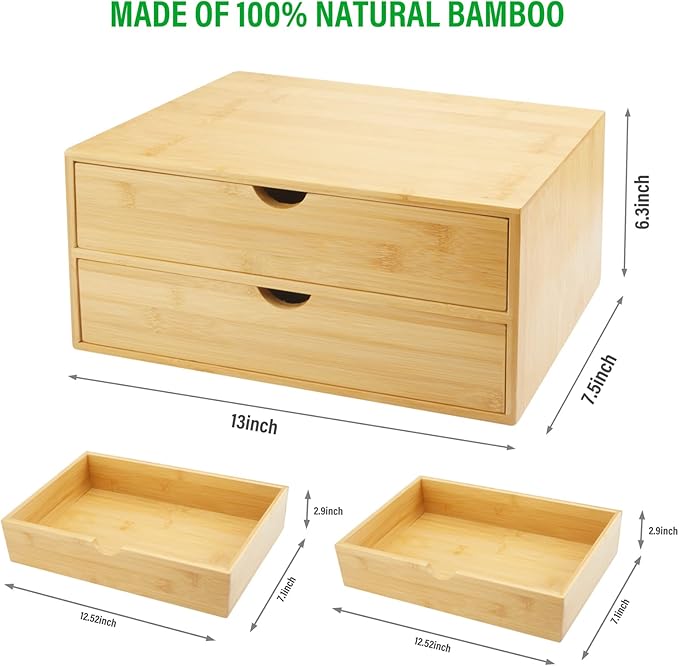Bamboo Desk Organizer with Drawers, Countertop Organizer with Drawers Makeup Storage Drawer 2 Drawers Tabletop Storage Organization Box Home Office Workspace Bathroom Toiletries Supplies