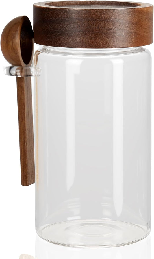 OLADRI 18 oz/550 ml Glass Storage Canister with Airtight Wooden Lid, Clear Small Decorative Container Jar with Spoon for Salad Overnight Oats Snacks Yogurt Cereal Fruit Spice Sugar Coffee Candy Salt
