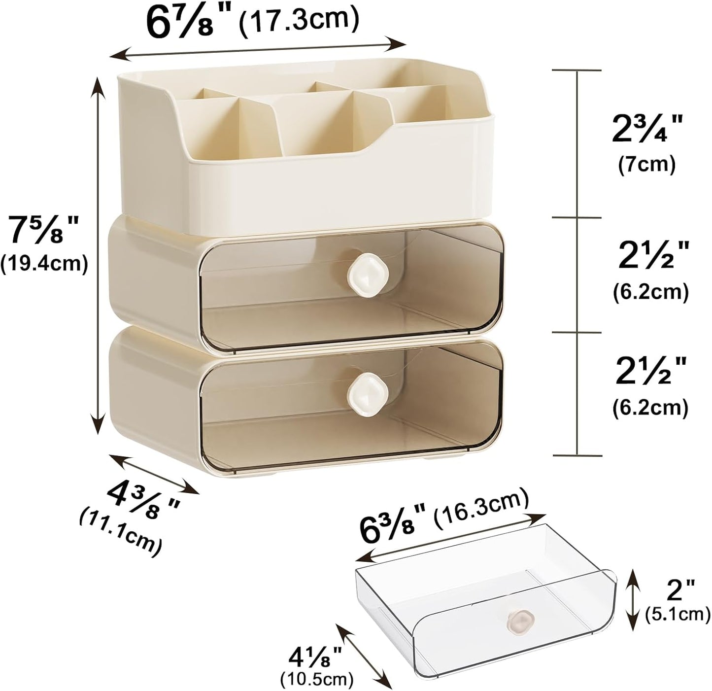 TEAMIX 3 Tier Desk Organizer with 2 Clear Drawers & 6 Slots, Stackable Desktop Drawer Organizer, Plastic Pencil Pen Holder Stationary Storage Makeup Organizer for Office/School/Art Supplies (White)