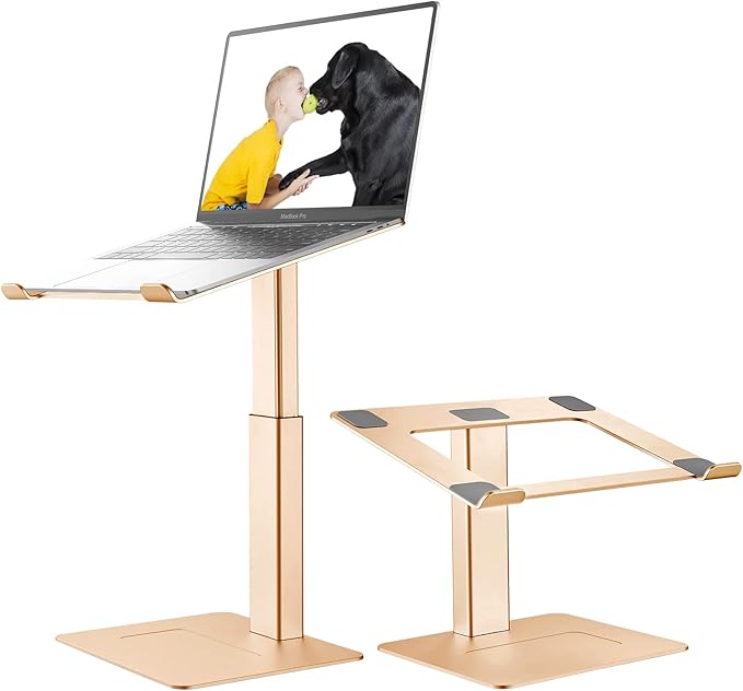 Laptop Stand for Desk, Ergonomic Aluminum Laptop Stand Adjustable Height from 7-15", Sitting and Standing Laptop Riser for 10-17" Notebook (Gold)