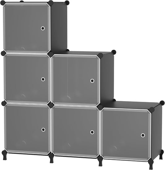 Cube Storage Organizer, 6-Cube Shelves Unit with Doors, DIY Stackable Plastic Clothes Organizer for Bedroom and Under Stairs Storage Unit, Each Compartment 30 x 30 x 30 cm Black ATTSL6001