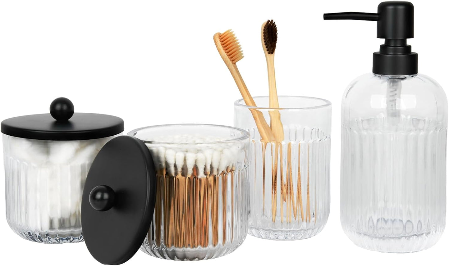Bathroom Accessories Set,4 Pcs Clear Glass Bathroom Accessories Set with Toothbrush Holder,Lotion Soap Dispenser,2 Qtip Holder Dispensers - Countertop Organizer for Modern Bathroom Decor - Clear