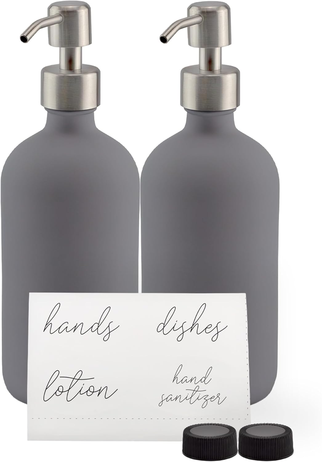 Cornucopia Brands 16oz Gray Pump Bottles (2-Pack); Gray Coated Glass Soap Dispenser Pump Bottles for Lotion, Hand Care & Liquid Soap