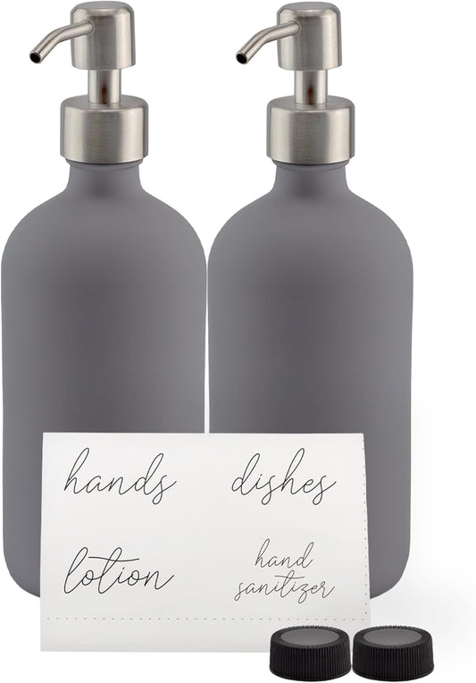 Cornucopia Brands 16oz Gray Pump Bottles (2-Pack); Gray Coated Glass Soap Dispenser Pump Bottles for Lotion, Hand Care & Liquid Soap